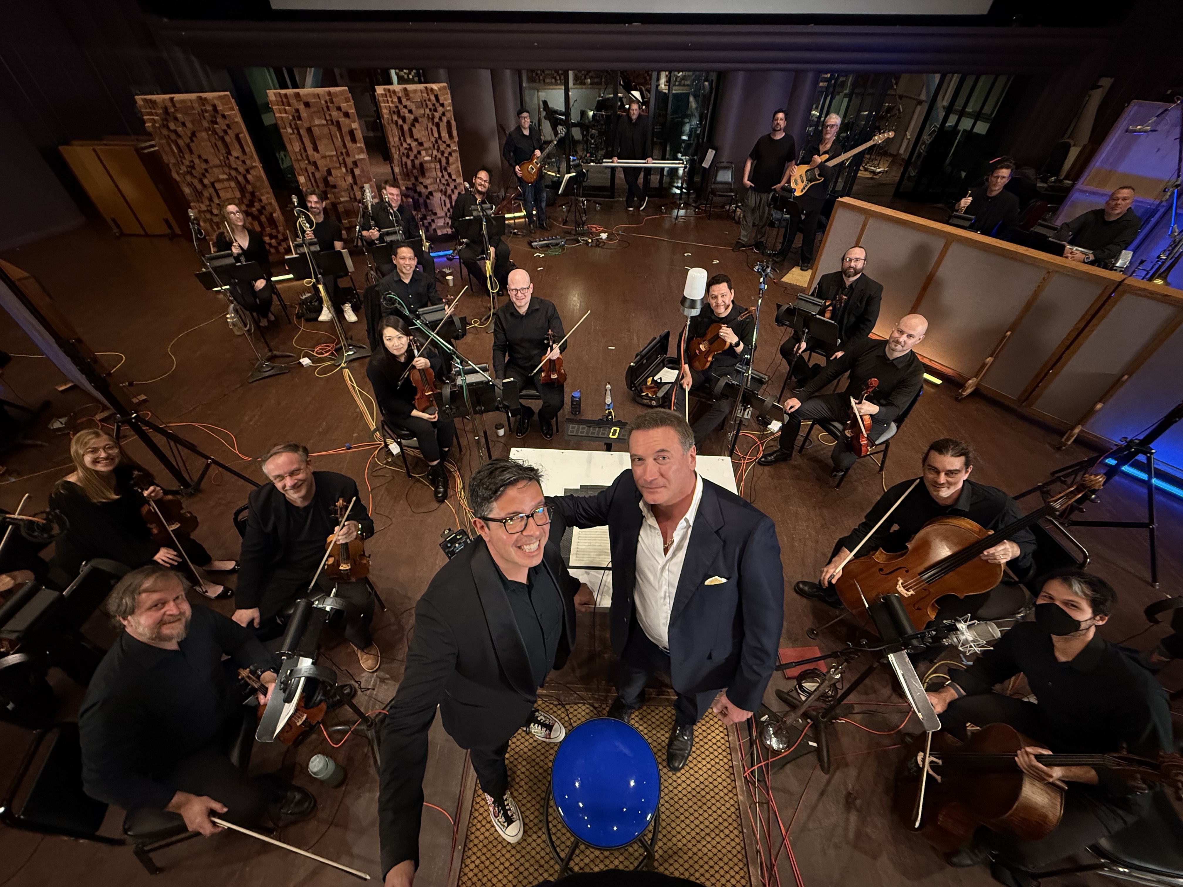 Rip Gerber and Noah Luna with the orchestra on the Skywalker scoring stage